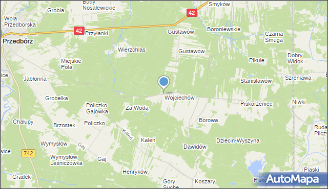 mapa Wojciechów, Wojciechów gmina Przedbórz na mapie Targeo