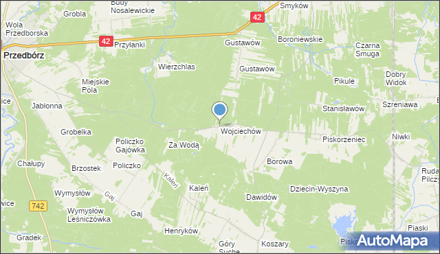 mapa Wojciechów, Wojciechów gmina Przedbórz na mapie Targeo