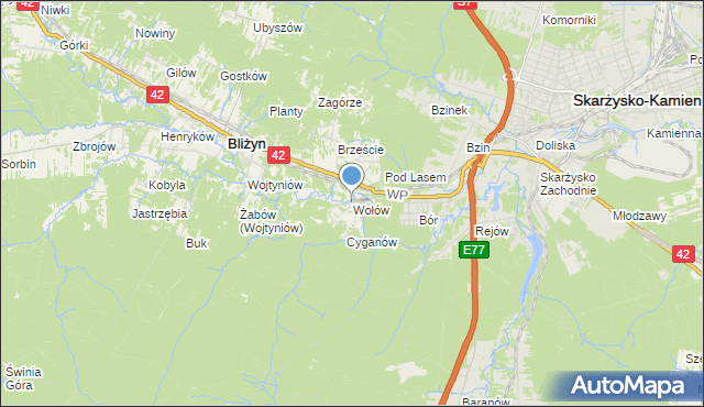 mapa Wołów, Wołów gmina Bliżyn na mapie Targeo