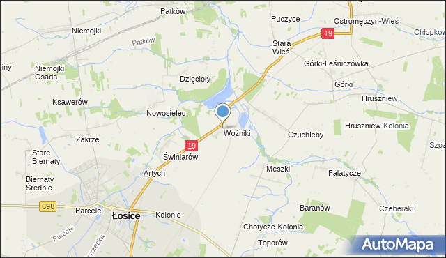 mapa Woźniki, Woźniki gmina Łosice na mapie Targeo