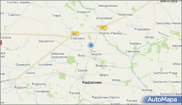 mapa Woźniki, Woźniki gmina Radzanowo na mapie Targeo