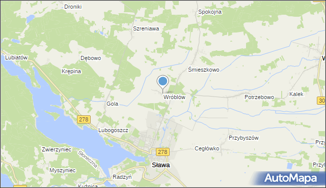 mapa Wróblów, Wróblów gmina Sława na mapie Targeo