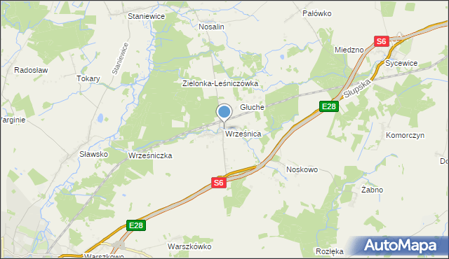 mapa Wrześnica, Wrześnica gmina Sławno na mapie Targeo