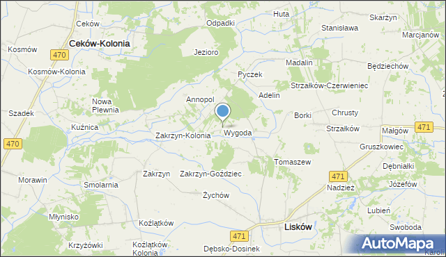 mapa Wygoda, Wygoda gmina Lisków na mapie Targeo