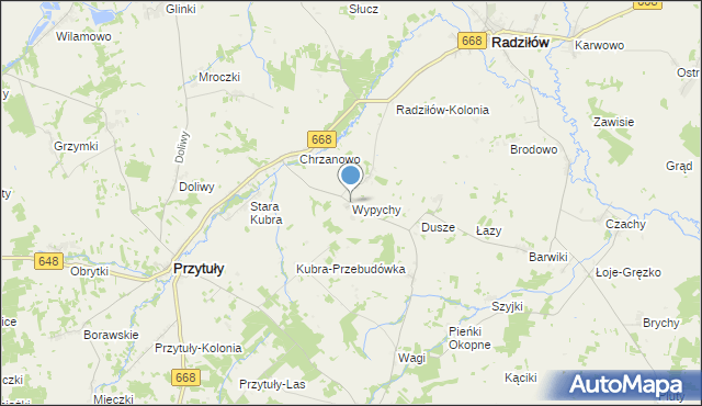mapa Wypychy, Wypychy gmina Radziłów na mapie Targeo