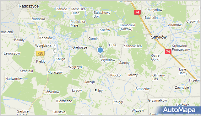 mapa Wyrębów, Wyrębów gmina Radoszyce na mapie Targeo