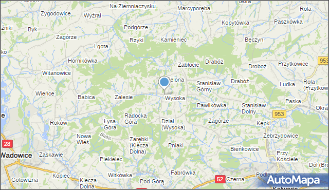 mapa Wysoka, Wysoka gmina Wadowice na mapie Targeo