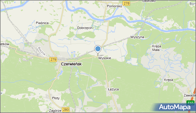 mapa Wysokie, Wysokie gmina Czerwieńsk na mapie Targeo