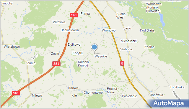 mapa Wysokie, Wysokie gmina Raczki na mapie Targeo