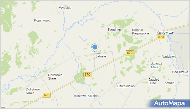 mapa Zabiele, Zabiele gmina Jaświły na mapie Targeo