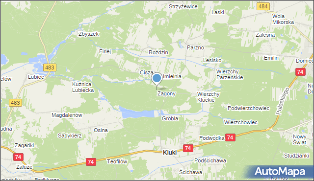 mapa Zagony, Zagony gmina Kluki na mapie Targeo