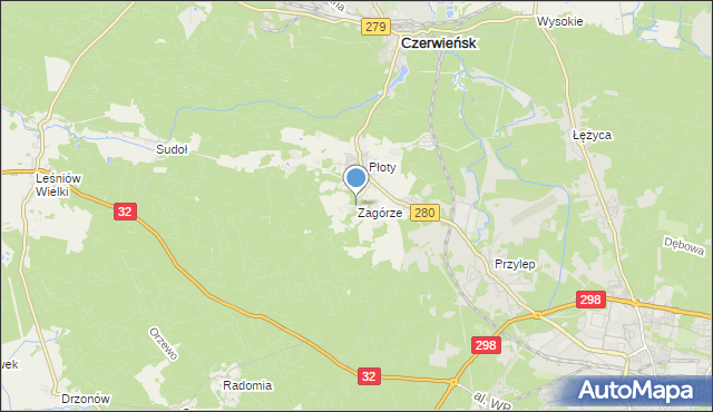 mapa Zagórze, Zagórze gmina Czerwieńsk na mapie Targeo