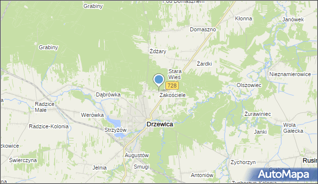 mapa Zakościele, Zakościele gmina Drzewica na mapie Targeo