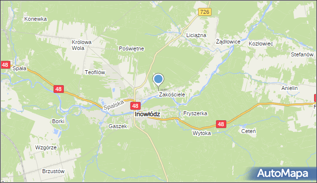 mapa Zakościele, Zakościele gmina Inowłódz na mapie Targeo