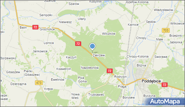 mapa Zakrzew, Zakrzew gmina Poddębice na mapie Targeo