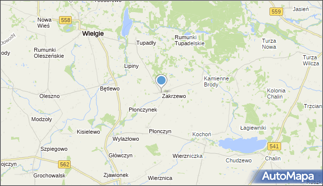 mapa Zakrzewo, Zakrzewo gmina Wielgie na mapie Targeo