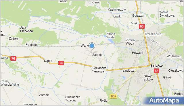 mapa Zalesie, Zalesie gmina Łuków na mapie Targeo