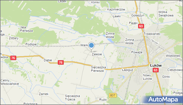 mapa Zalesie, Zalesie gmina Łuków na mapie Targeo