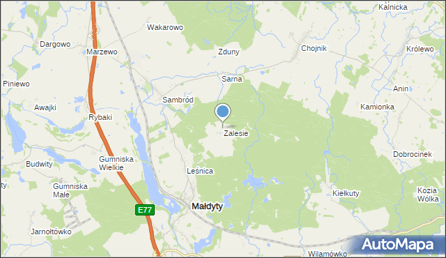 mapa Zalesie, Zalesie gmina Małdyty na mapie Targeo