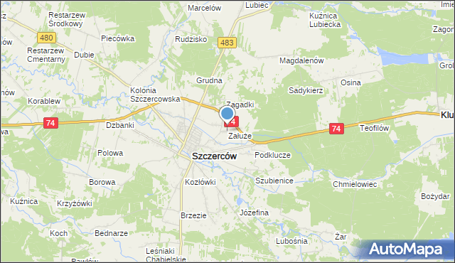 mapa Załuże, Załuże gmina Szczerców na mapie Targeo