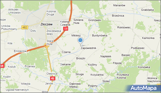 mapa Zapowiednik, Zapowiednik gmina Złoczew na mapie Targeo