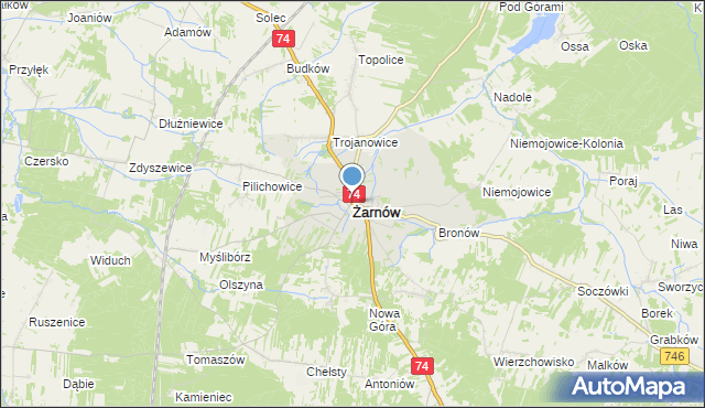 mapa Żarnów, Żarnów powiat opoczyński na mapie Targeo