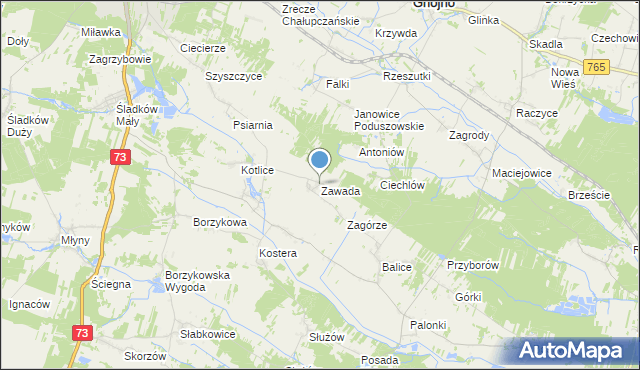 mapa Zawada, Zawada gmina Gnojno na mapie Targeo