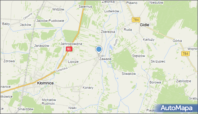 mapa Zawada, Zawada gmina Kłomnice na mapie Targeo