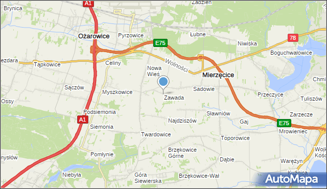 mapa Zawada, Zawada gmina Mierzęcice na mapie Targeo