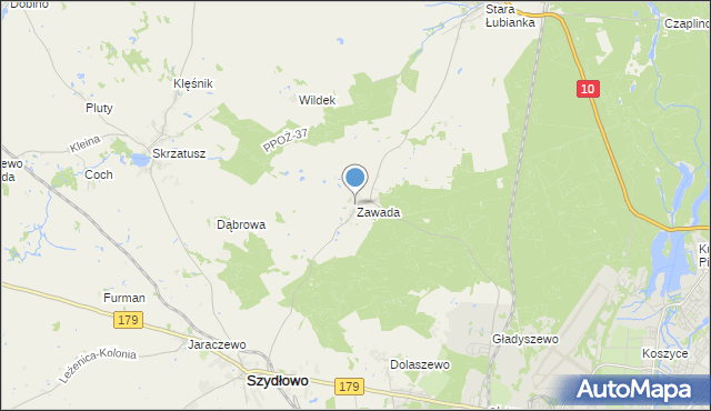 mapa Zawada, Zawada gmina Szydłowo na mapie Targeo