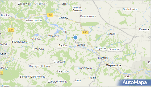 mapa Zawada, Zawada gmina Wąwolnica na mapie Targeo