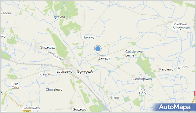 mapa Zawady, Zawady gmina Ryczywół na mapie Targeo