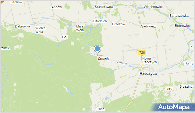 mapa Zawady, Zawady gmina Rzeczyca na mapie Targeo