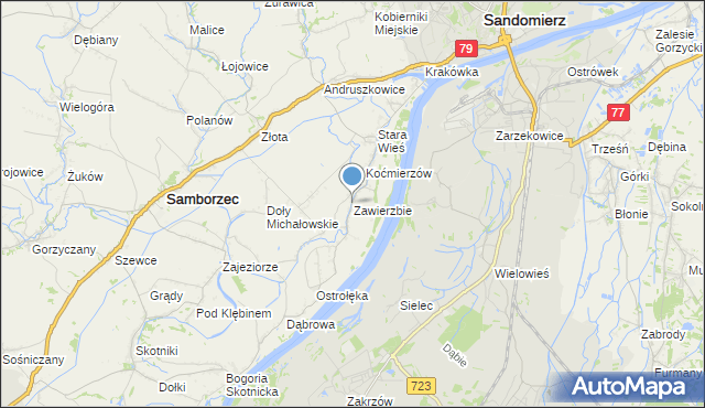 mapa Zawierzbie, Zawierzbie gmina Samborzec na mapie Targeo