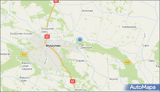 mapa Zawodzie, Zawodzie gmina Myszyniec na mapie Targeo