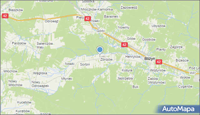 mapa Zbrojów, Zbrojów gmina Bliżyn na mapie Targeo