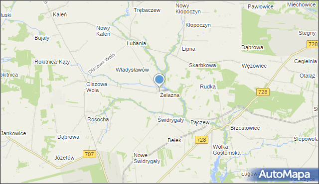 mapa Żelazna, Żelazna gmina Sadkowice na mapie Targeo