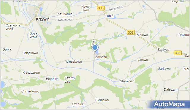 mapa Żelazno, Żelazno gmina Krzywiń na mapie Targeo