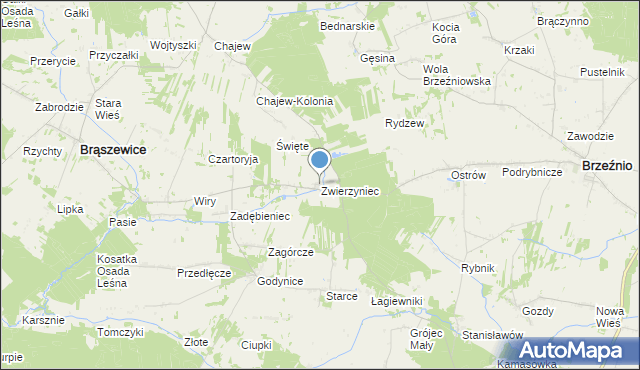 mapa Zwierzyniec, Zwierzyniec gmina Brąszewice na mapie Targeo