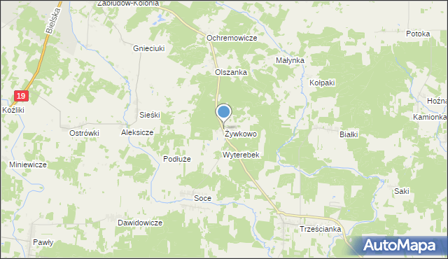 mapa Żywkowo, Żywkowo gmina Zabłudów na mapie Targeo