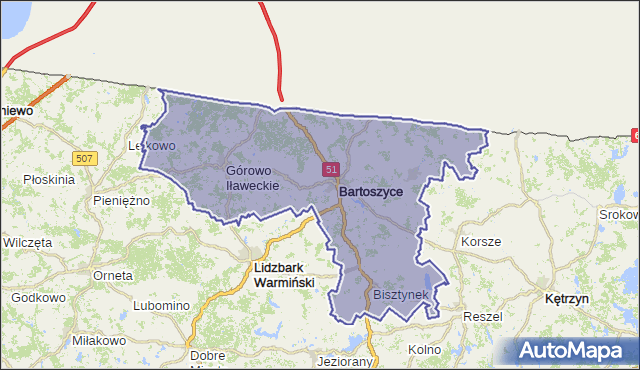 powiat bartoszycki - województwo warmińsko-mazurskie na mapie Targeo