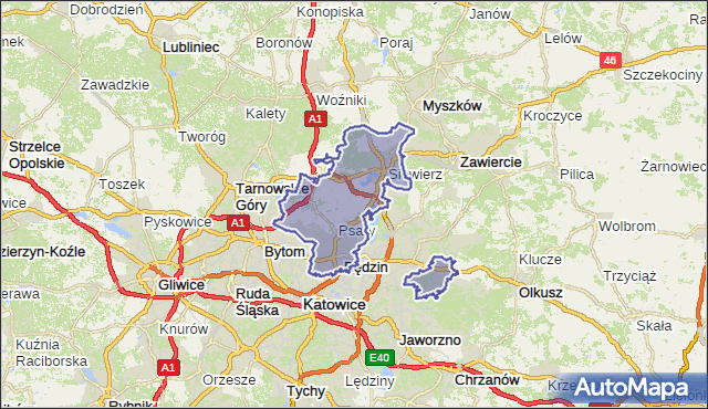 powiat będziński - województwo śląskie na mapie Targeo