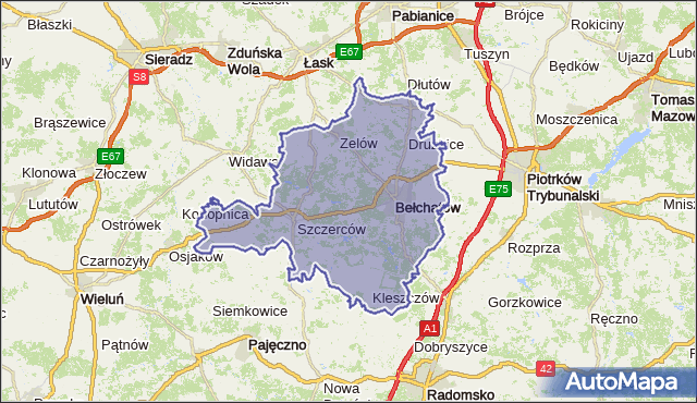 powiat bełchatowski - województwo łódzkie na mapie Targeo