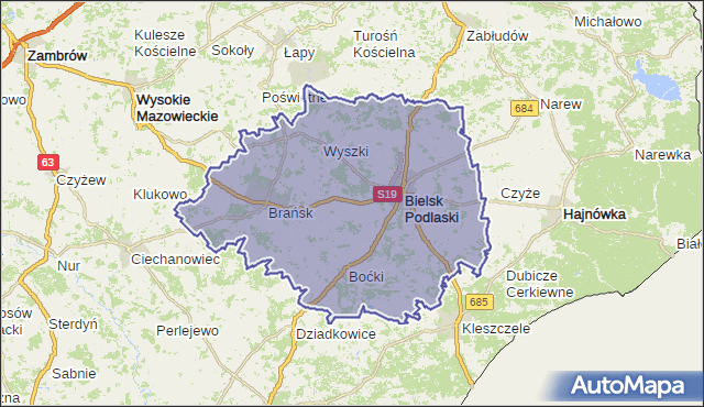 powiat bielski - województwo podlaskie na mapie Targeo
