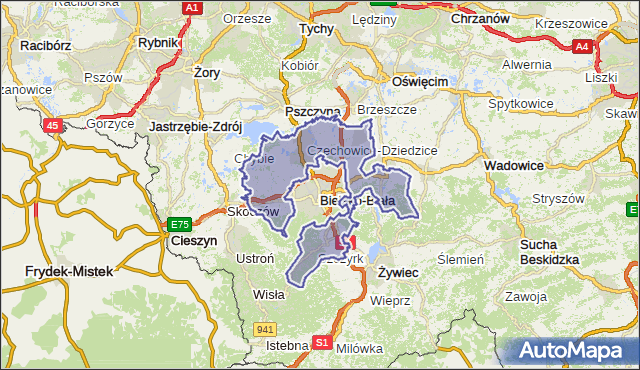 powiat bielski - województwo śląskie na mapie Targeo