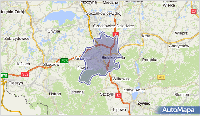 powiat Bielsko-Biała - województwo śląskie na mapie Targeo