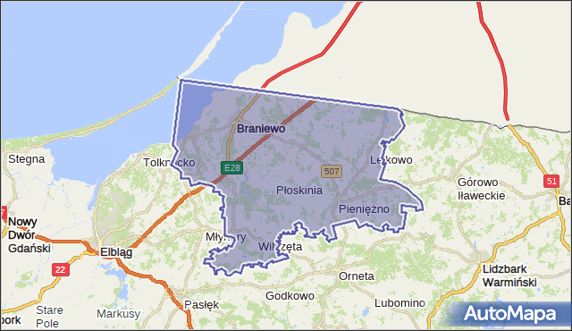 powiat braniewski - województwo warmińsko-mazurskie na mapie Targeo