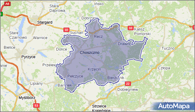 powiat choszczeński - województwo zachodniopomorskie na mapie Targeo