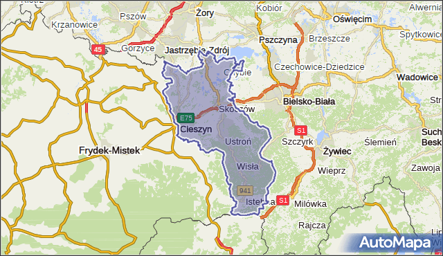 powiat cieszyński - województwo śląskie na mapie Targeo