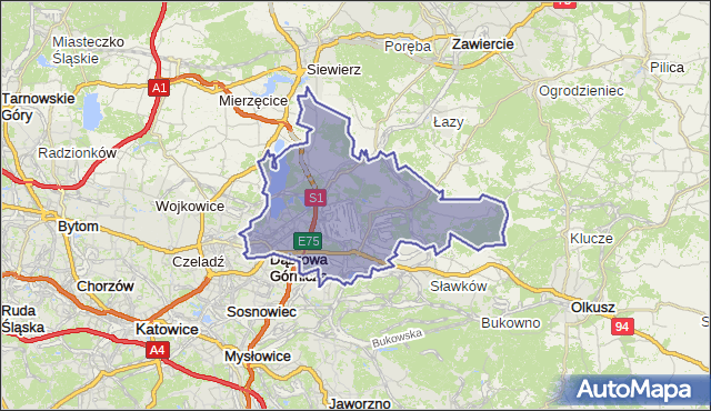 powiat Dąbrowa Górnicza - województwo śląskie na mapie Targeo